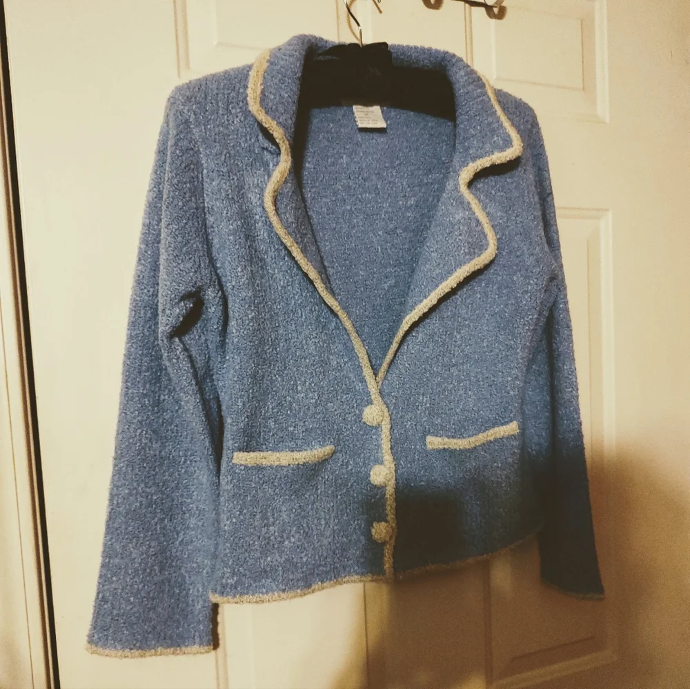 🔹🪻🔹Divine Vtg French Blue Periwinkle & Cream Plush Boucle Sweater Blazer - M - Picture 5 of 14